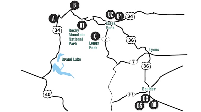 ロッキーマウンテン国立公園とその周辺の地図